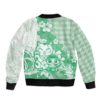 Green Palaka Hawaiian And Japanese Sleeve Zip Bomber Jacket Maneki Neko And Sakura Bloom DT05 - Polynesian Pride