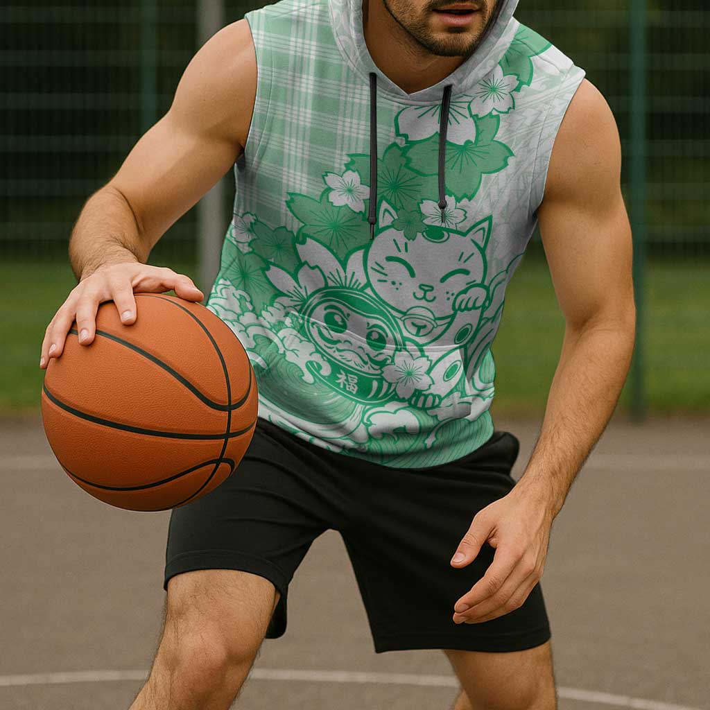 Green Palaka Hawaiian And Japanese Sleeveless Hoodie Maneki Neko And Sakura Bloom