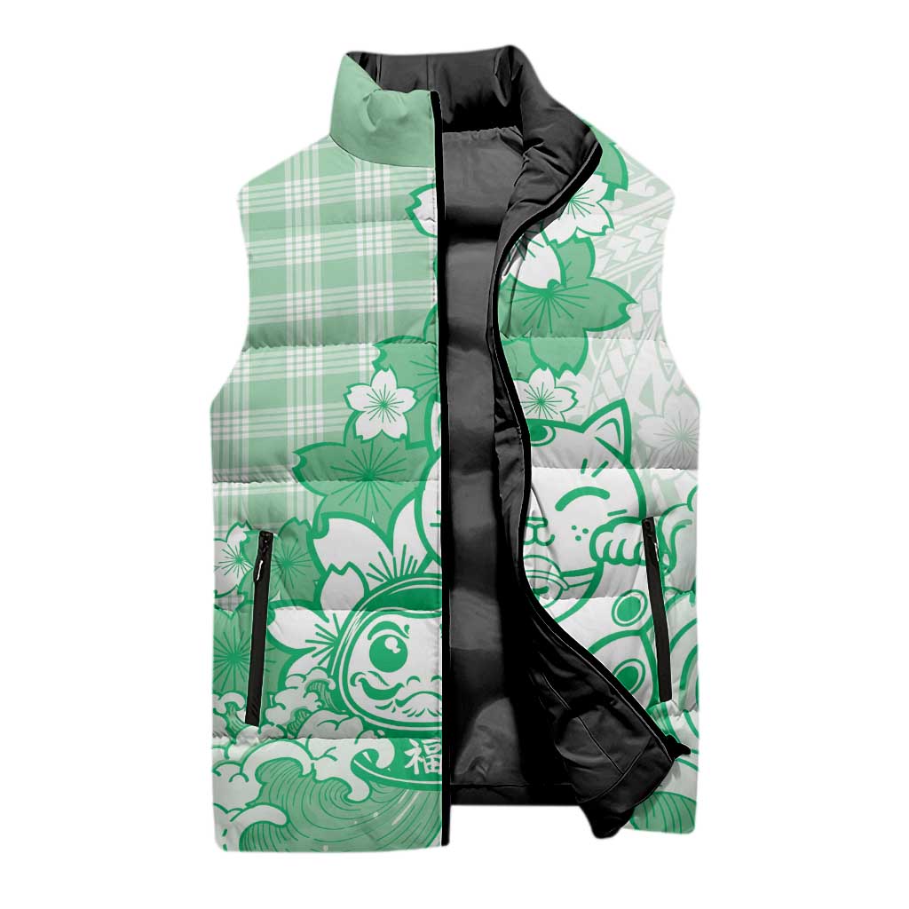 Green Palaka Hawaiian And Japanese Sleeveless Puffer Jacket Maneki Neko And Sakura Bloom