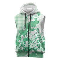 Green Palaka Hawaiian And Japanese Sleeveless Zip Hoodie Maneki Neko And Sakura Bloom