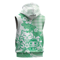 Green Palaka Hawaiian And Japanese Sleeveless Zip Hoodie Maneki Neko And Sakura Bloom