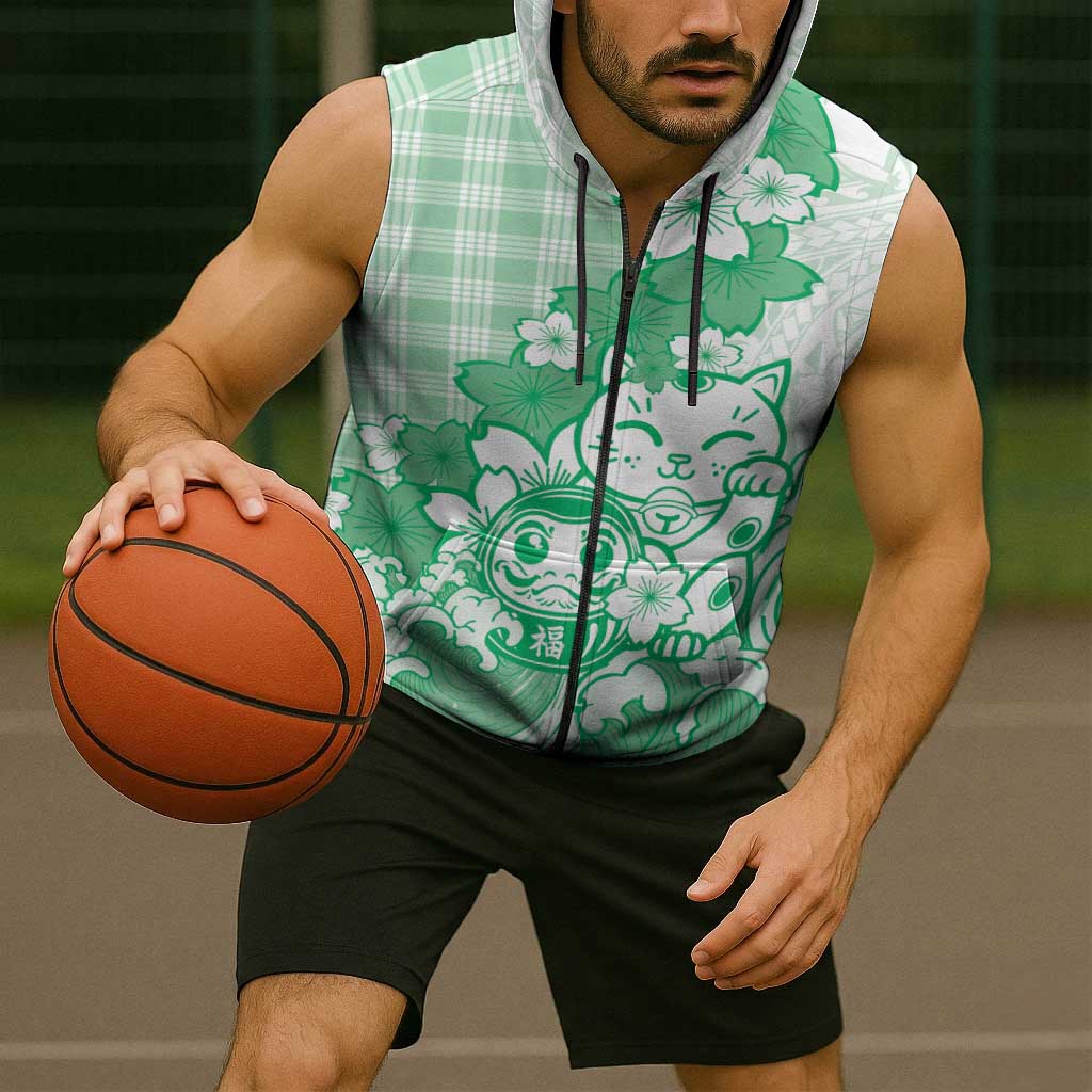 Green Palaka Hawaiian And Japanese Sleeveless Zip Hoodie Maneki Neko And Sakura Bloom