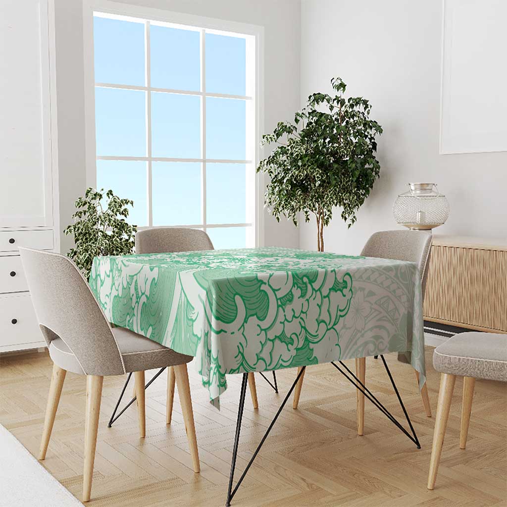 Green Palaka Hawaiian And Japanese Tablecloth Maneki Neko And Sakura Bloom