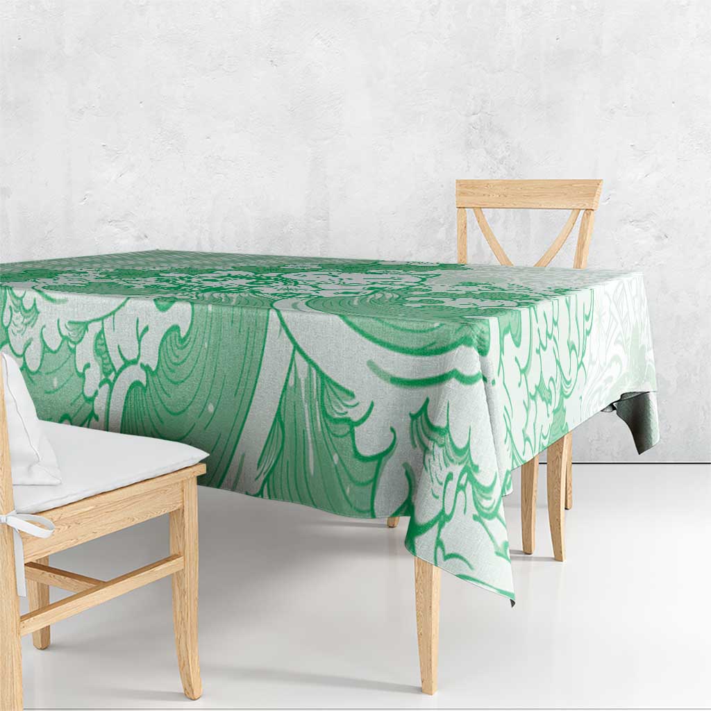 Green Palaka Hawaiian And Japanese Tablecloth Maneki Neko And Sakura Bloom