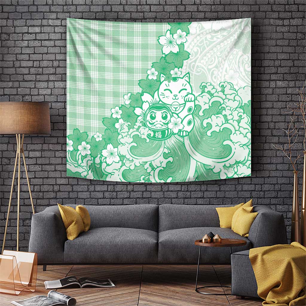 Green Palaka Hawaiian And Japanese Tapestry Maneki Neko And Sakura Bloom