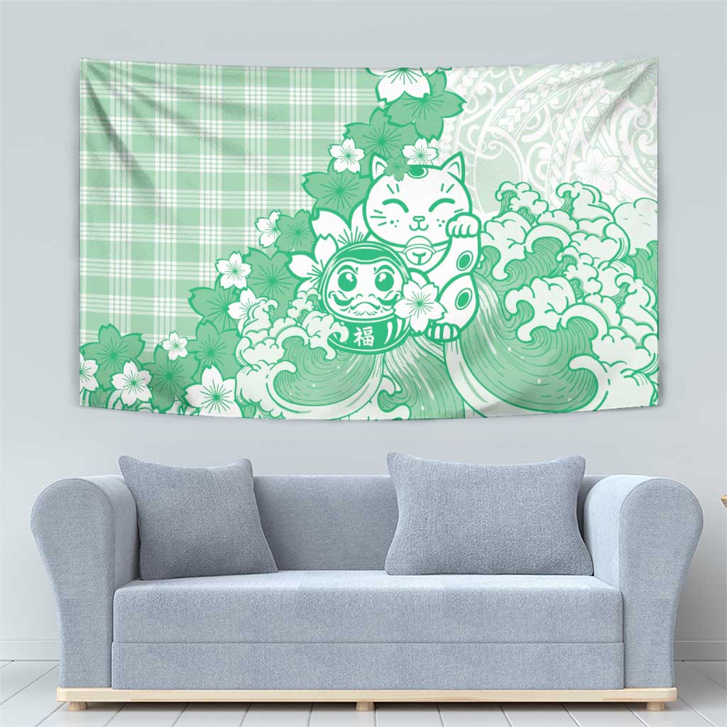 Green Palaka Hawaiian And Japanese Tapestry Maneki Neko And Sakura Bloom
