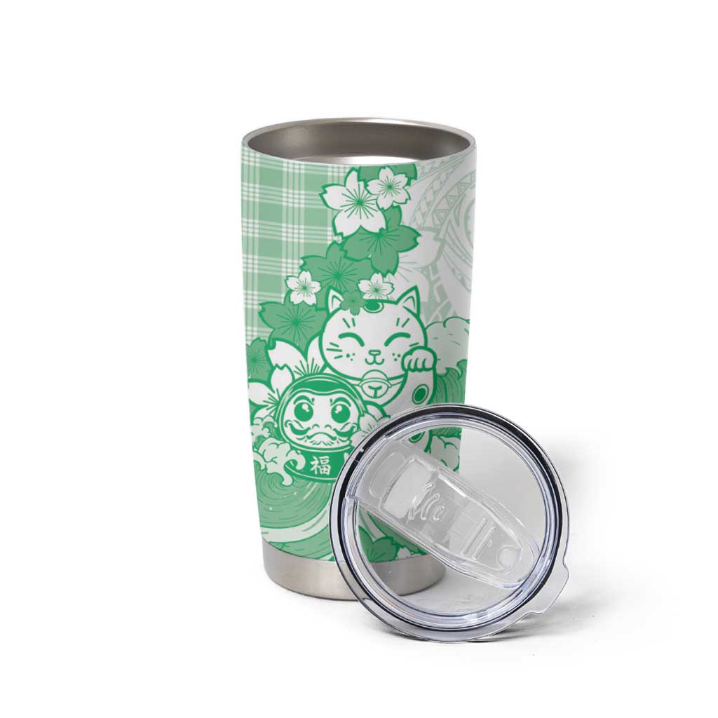 Green Palaka Hawaiian And Japanese Tumbler Cup Maneki Neko And Sakura Bloom