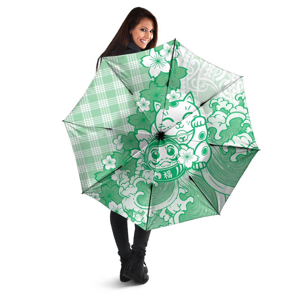 Green Palaka Hawaiian And Japanese Umbrella Maneki Neko And Sakura Bloom