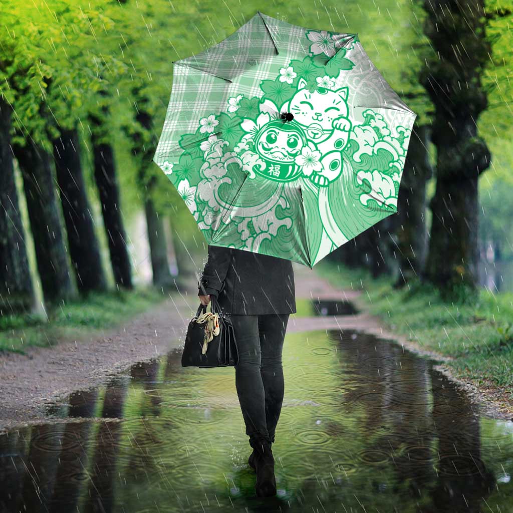 Green Palaka Hawaiian And Japanese Umbrella Maneki Neko And Sakura Bloom