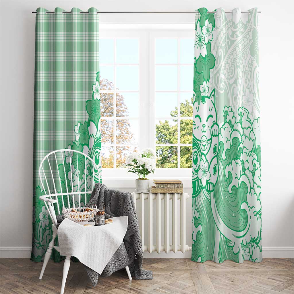 Green Palaka Hawaiian And Japanese Window Curtain Maneki Neko And Sakura Bloom