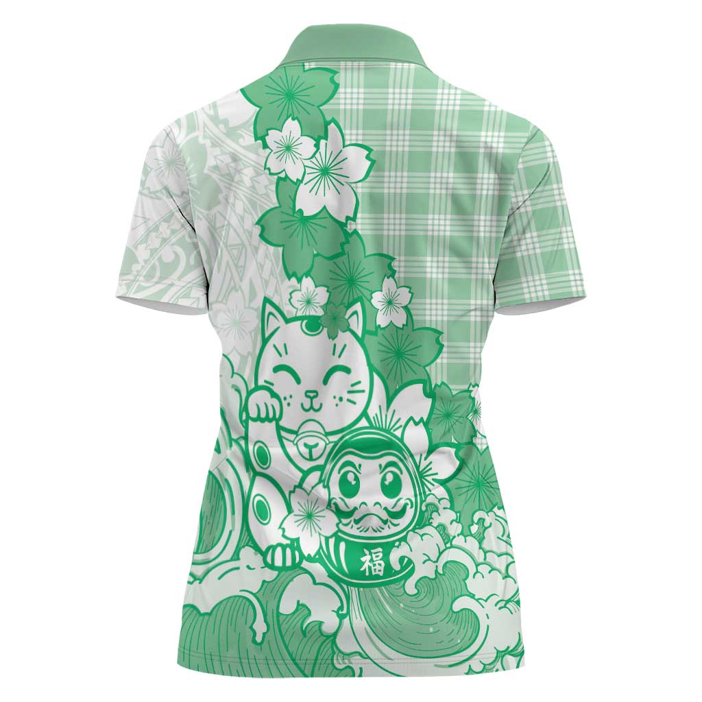 Green Palaka Hawaiian And Japanese Women Polo Shirt Maneki Neko And Sakura Bloom