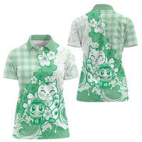 Green Palaka Hawaiian And Japanese Women Polo Shirt Maneki Neko And Sakura Bloom