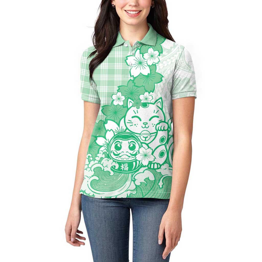 Green Palaka Hawaiian And Japanese Women Polo Shirt Maneki Neko And Sakura Bloom