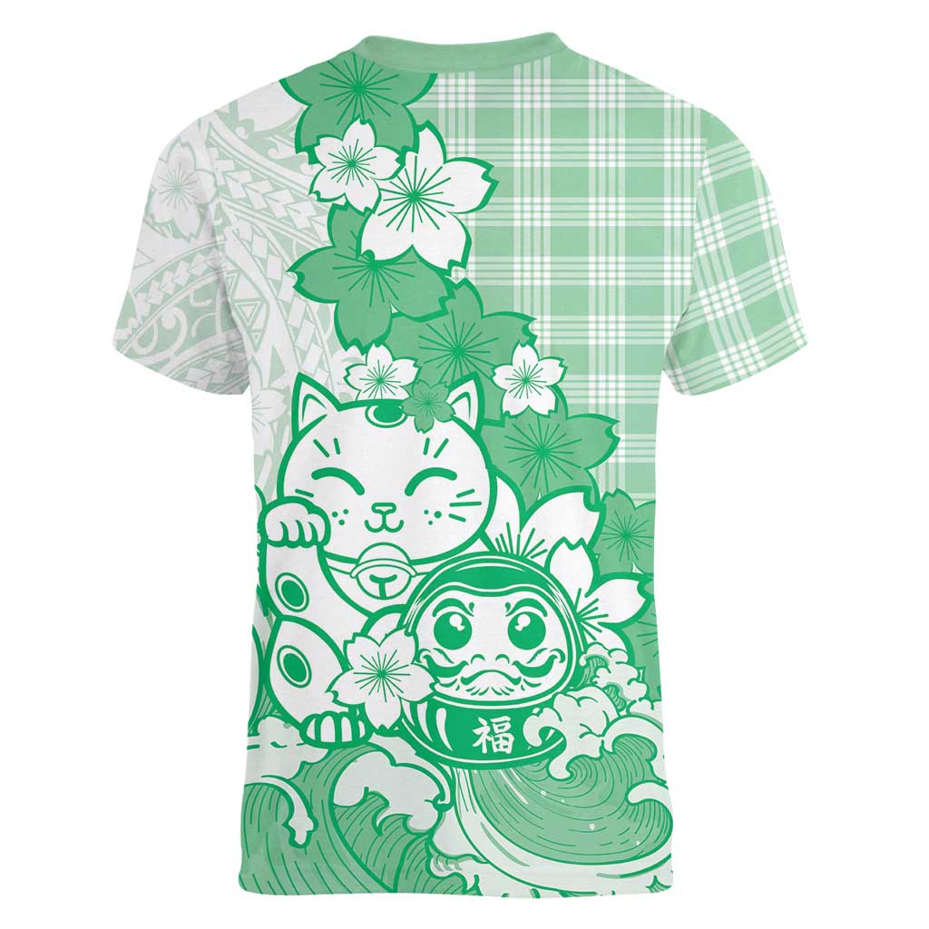 Green Palaka Hawaiian And Japanese Women V-Neck T-Shirt Maneki Neko And Sakura Bloom