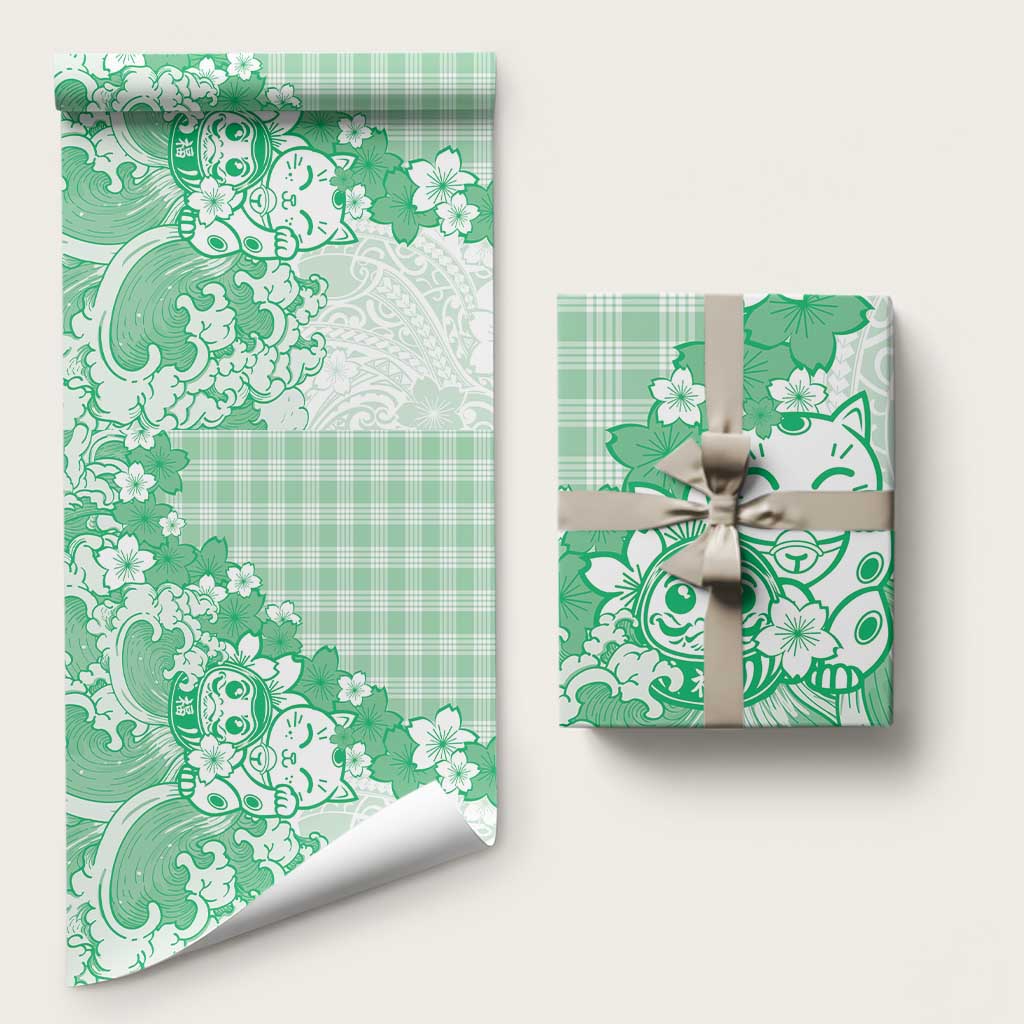 Green Palaka Hawaiian And Japanese Wrapping Paper Maneki Neko And Sakura Bloom
