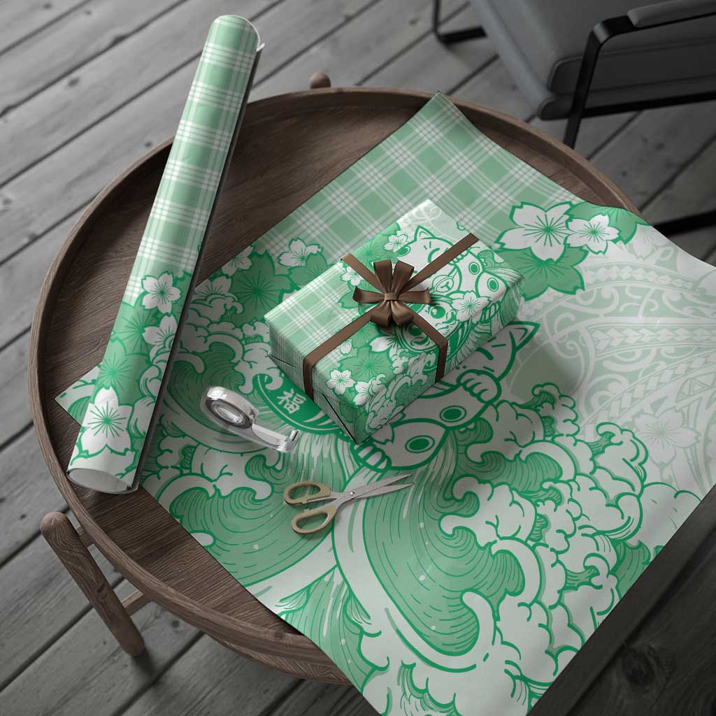 Green Palaka Hawaiian And Japanese Wrapping Paper Maneki Neko And Sakura Bloom