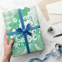 Green Palaka Hawaiian And Japanese Wrapping Paper Maneki Neko And Sakura Bloom