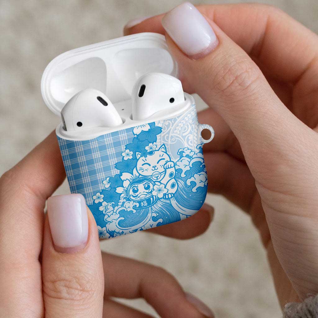 Blue Palaka Hawaiian And Japanese AirPods Case Maneki Neko And Sakura Bloom