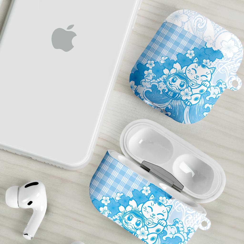 Blue Palaka Hawaiian And Japanese AirPods Case Maneki Neko And Sakura Bloom