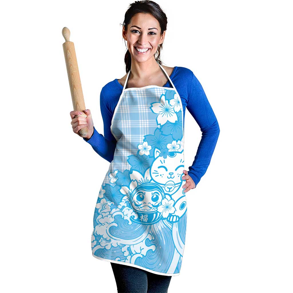 Blue Palaka Hawaiian And Japanese Apron Maneki Neko And Sakura Bloom