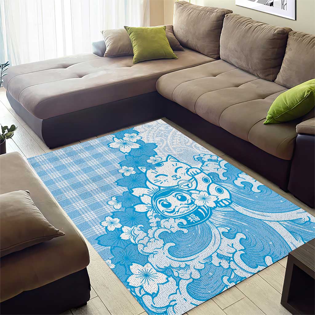 Blue Palaka Hawaiian And Japanese Area Rug Maneki Neko And Sakura Bloom