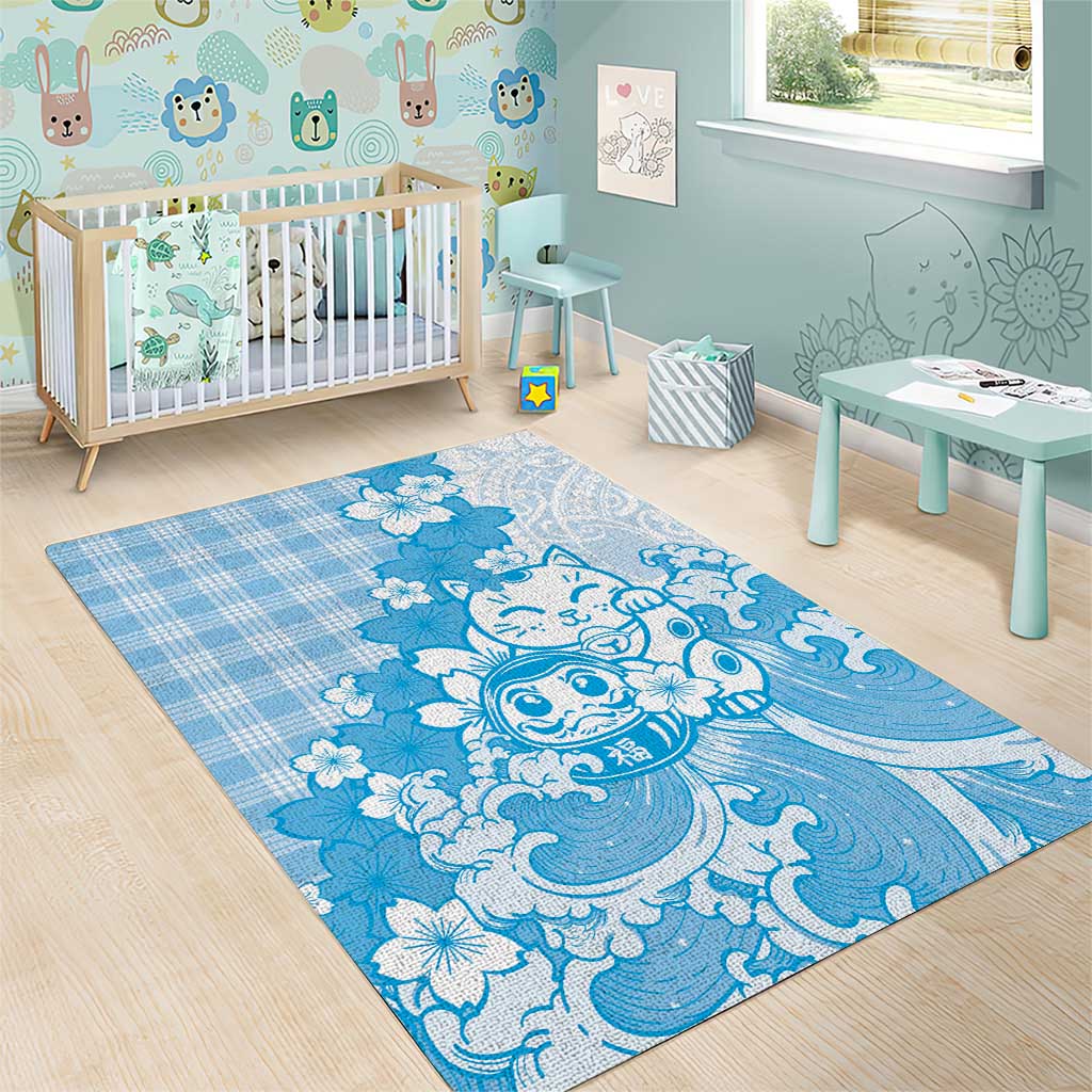 Blue Palaka Hawaiian And Japanese Area Rug Maneki Neko And Sakura Bloom