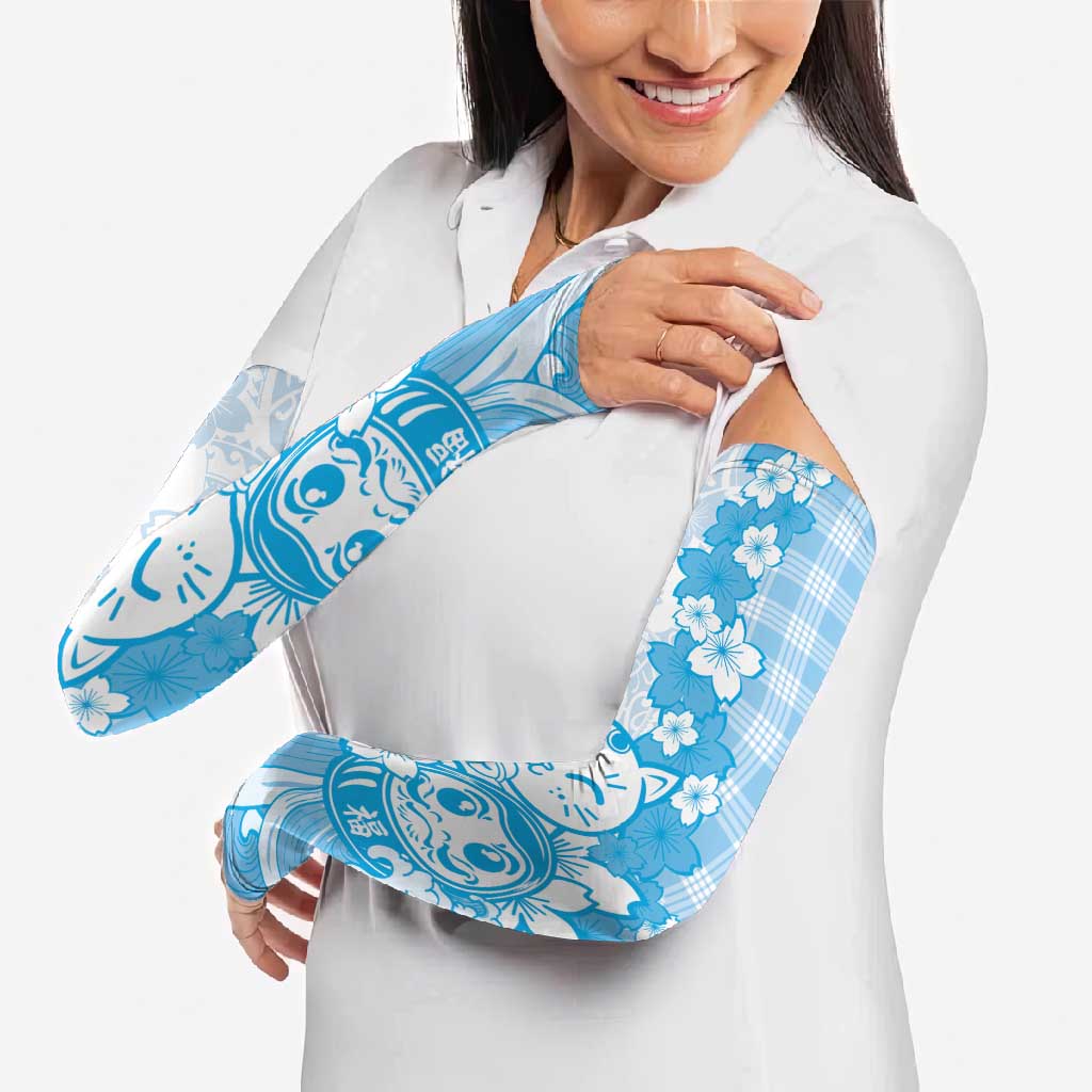 Blue Palaka Hawaiian And Japanese Arm Sleeves Maneki Neko And Sakura Bloom