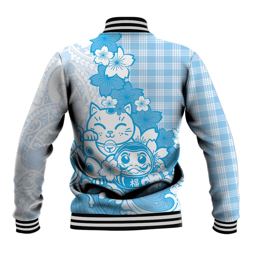 Blue Palaka Hawaiian And Japanese Baseball Jacket Maneki Neko And Sakura Bloom