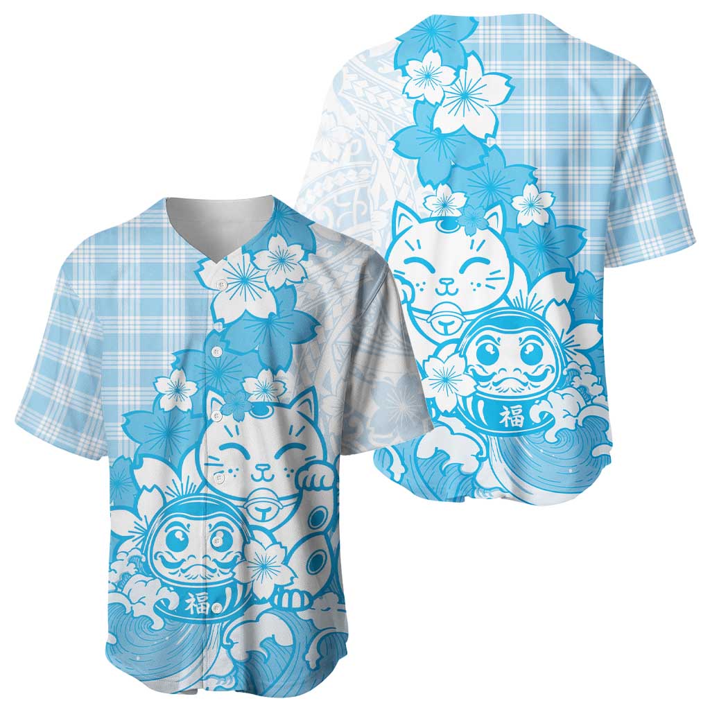 Blue Palaka Hawaiian And Japanese Baseball Jersey Maneki Neko And Sakura Bloom