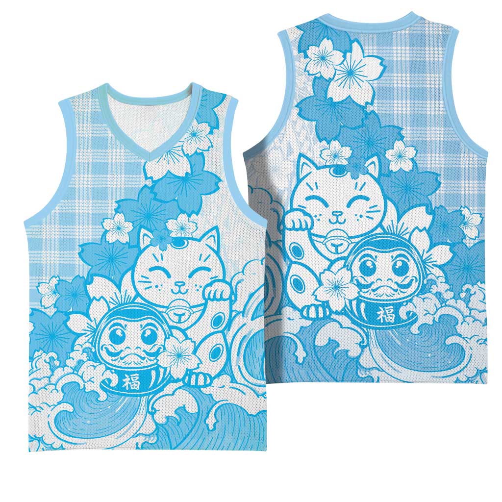Blue Palaka Hawaiian And Japanese Basketball Jersey Maneki Neko And Sakura Bloom