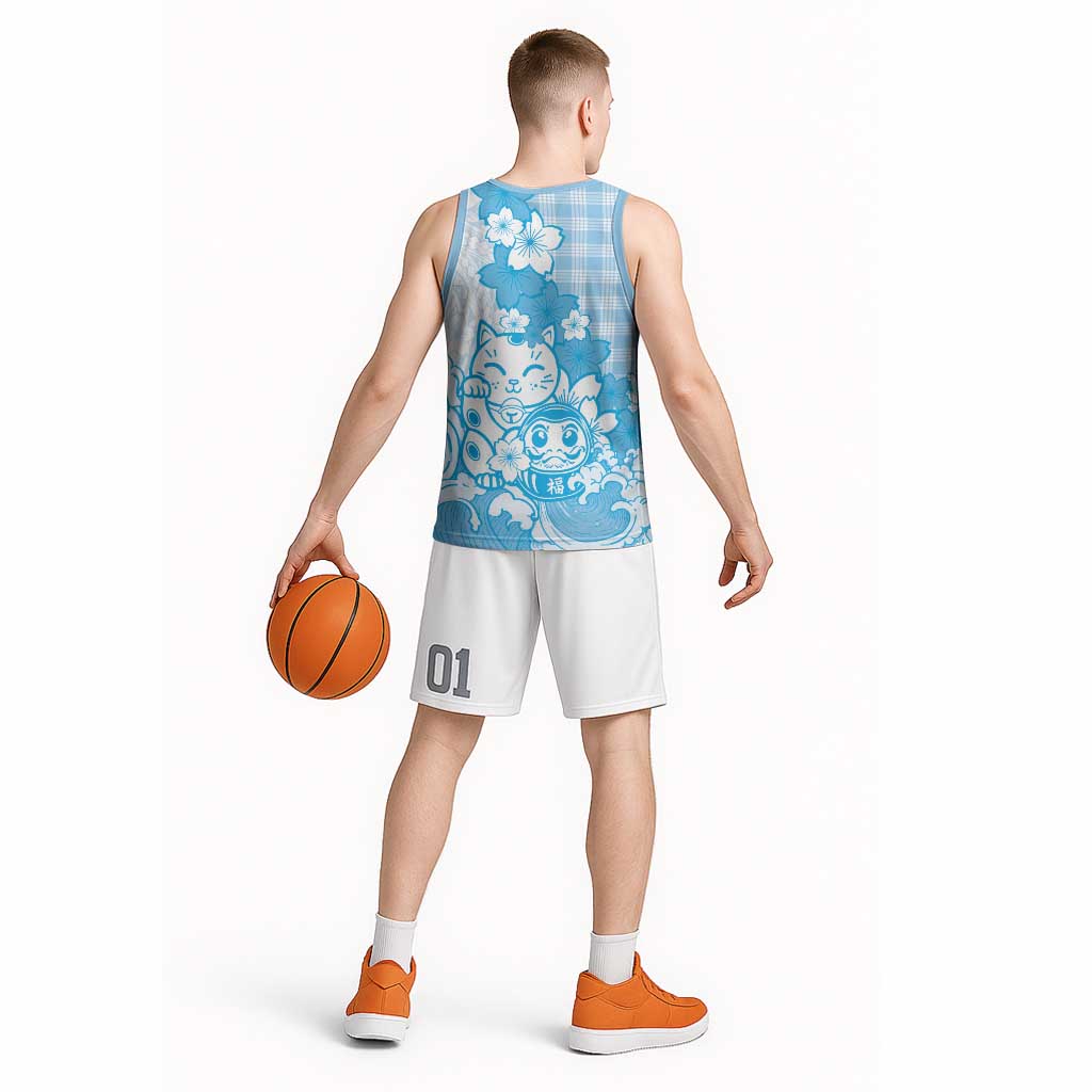 Blue Palaka Hawaiian And Japanese Basketball Jersey Maneki Neko And Sakura Bloom