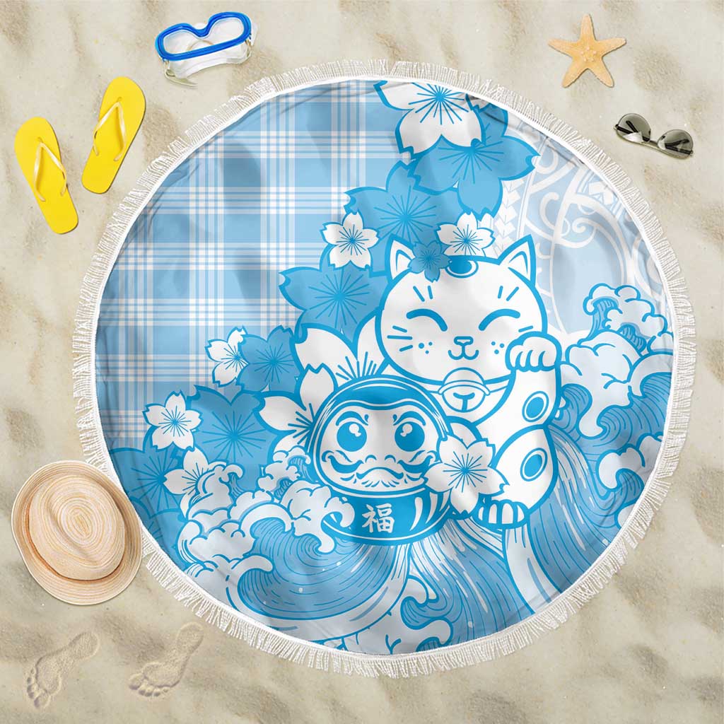 Blue Palaka Hawaiian And Japanese Beach Blanket Maneki Neko And Sakura Bloom