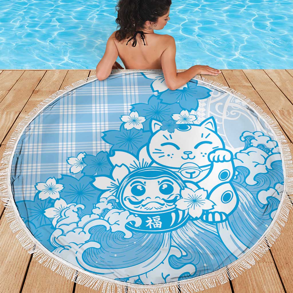 Blue Palaka Hawaiian And Japanese Beach Blanket Maneki Neko And Sakura Bloom