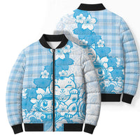 Blue Palaka Hawaiian And Japanese Bomber Puffer Jacket Maneki Neko And Sakura Bloom