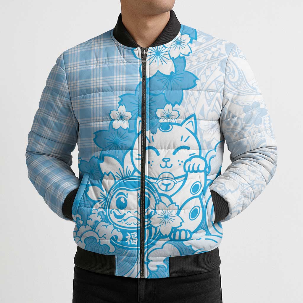 Blue Palaka Hawaiian And Japanese Bomber Puffer Jacket Maneki Neko And Sakura Bloom