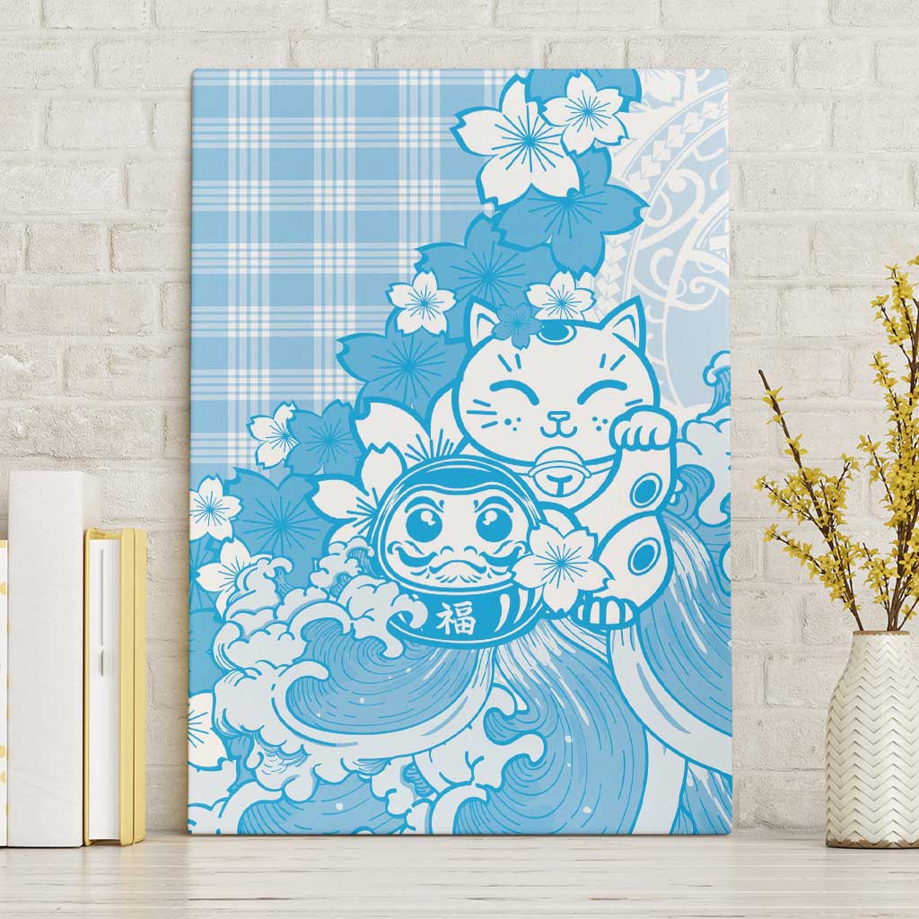 Blue Palaka Hawaiian And Japanese Canvas Wall Art Maneki Neko And Sakura Bloom