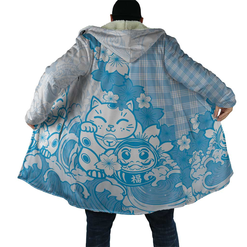 Blue Palaka Hawaiian And Japanese Cloak Maneki Neko And Sakura Bloom