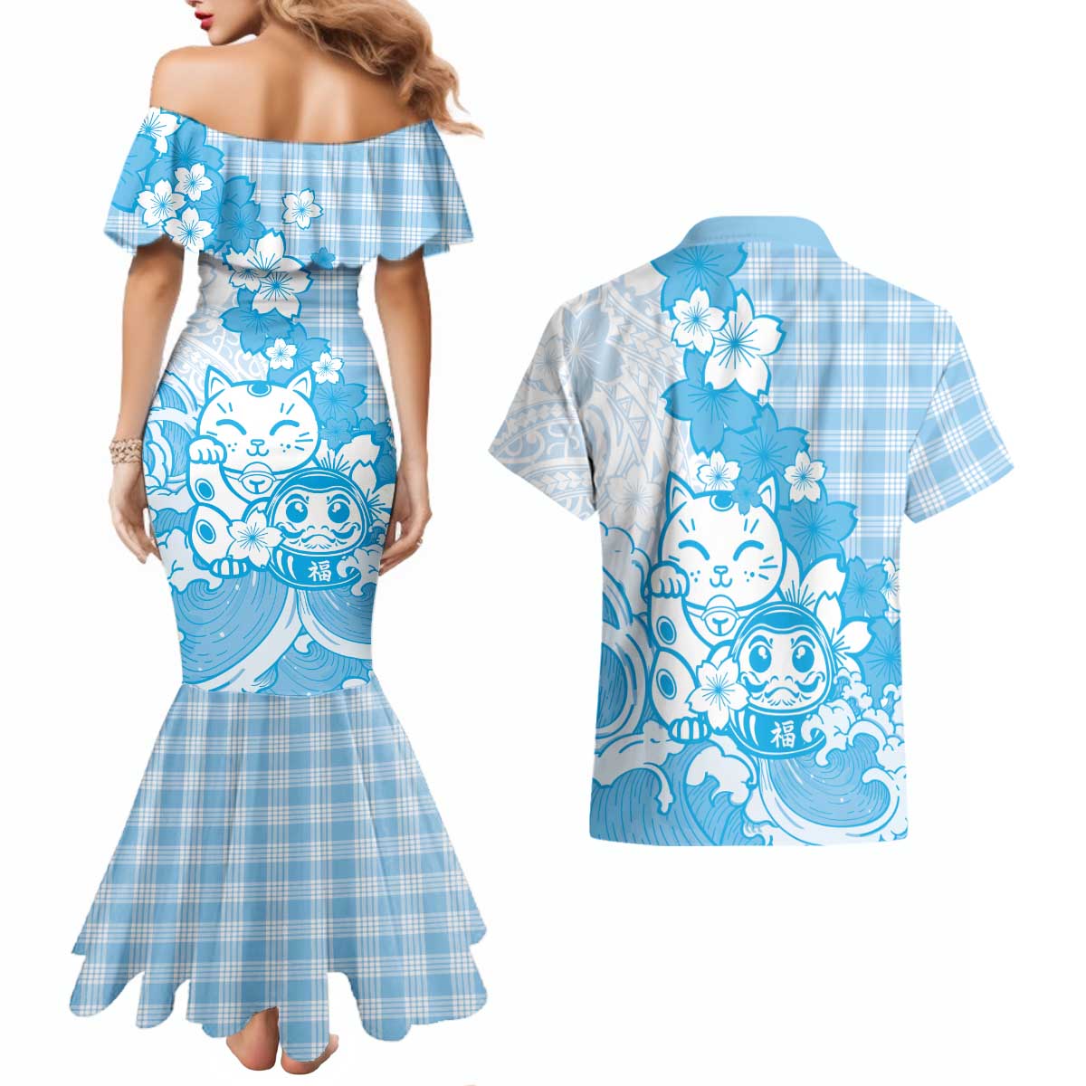 Blue Palaka Hawaiian And Japanese Couples Matching Mermaid Dress and Hawaiian Shirt Maneki Neko And Sakura Bloom