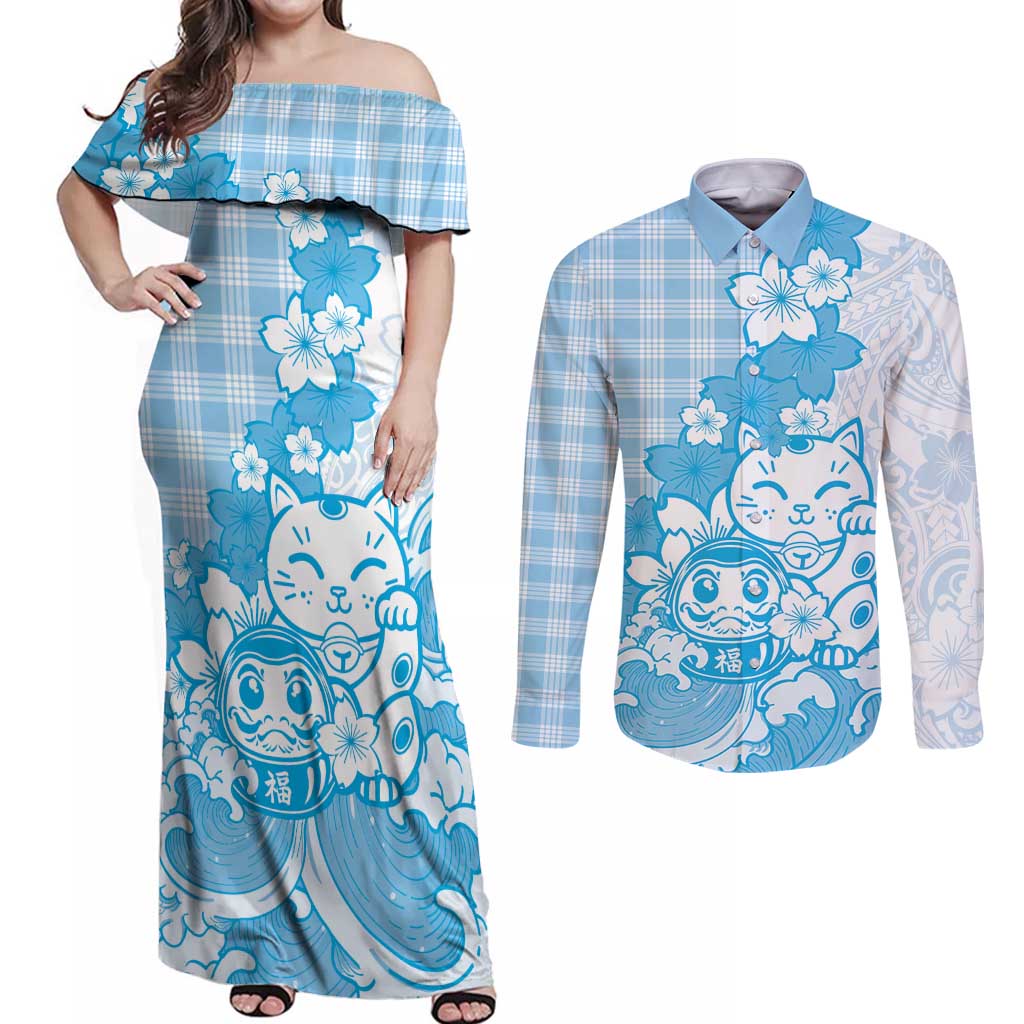 Blue Palaka Hawaiian And Japanese Couples Matching Off Shoulder Maxi Dress and Long Sleeve Button Shirt Maneki Neko And Sakura Bloom