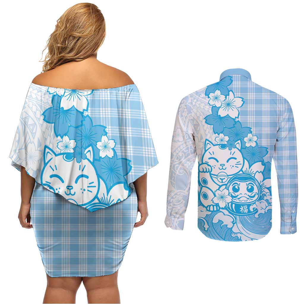 Blue Palaka Hawaiian And Japanese Couples Matching Off Shoulder Short Dress and Long Sleeve Button Shirt Maneki Neko And Sakura Bloom
