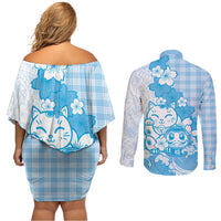 Blue Palaka Hawaiian And Japanese Couples Matching Off Shoulder Short Dress and Long Sleeve Button Shirt Maneki Neko And Sakura Bloom