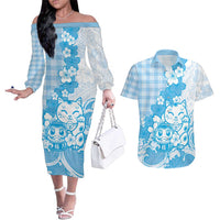 Blue Palaka Hawaiian And Japanese Couples Matching Off The Shoulder Long Sleeve Dress and Hawaiian Shirt Maneki Neko And Sakura Bloom DT05 Blue - Polynesian Pride