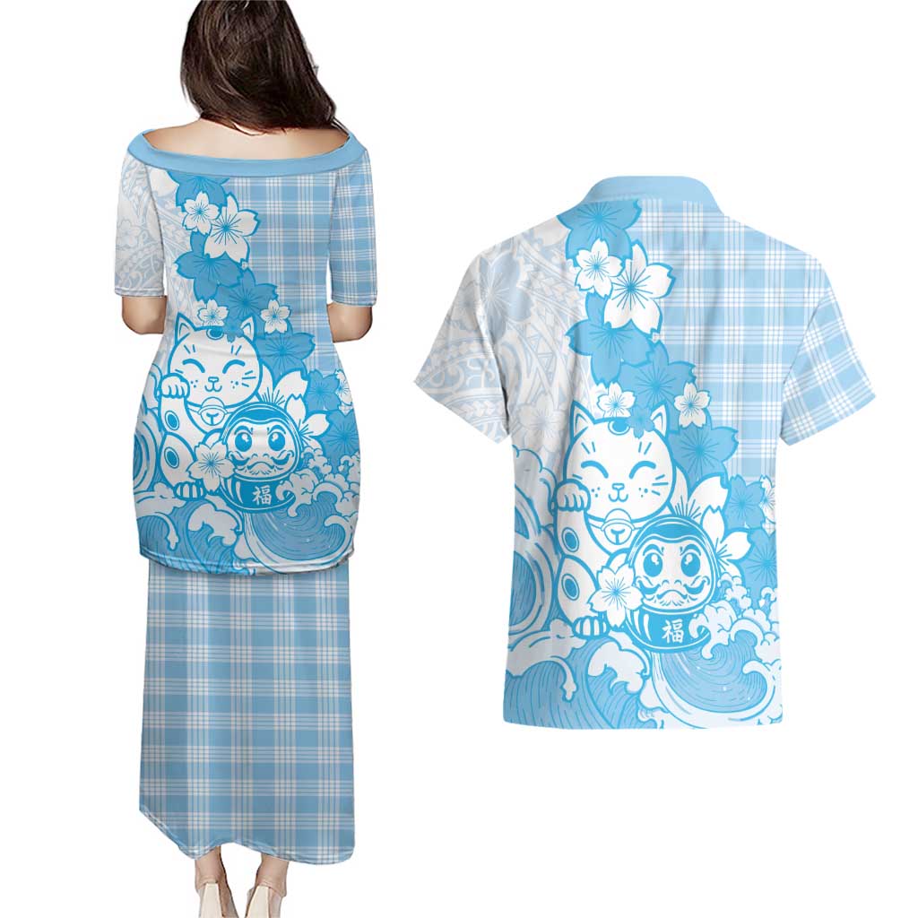 Blue Palaka Hawaiian And Japanese Couples Matching Puletasi and Hawaiian Shirt Maneki Neko And Sakura Bloom