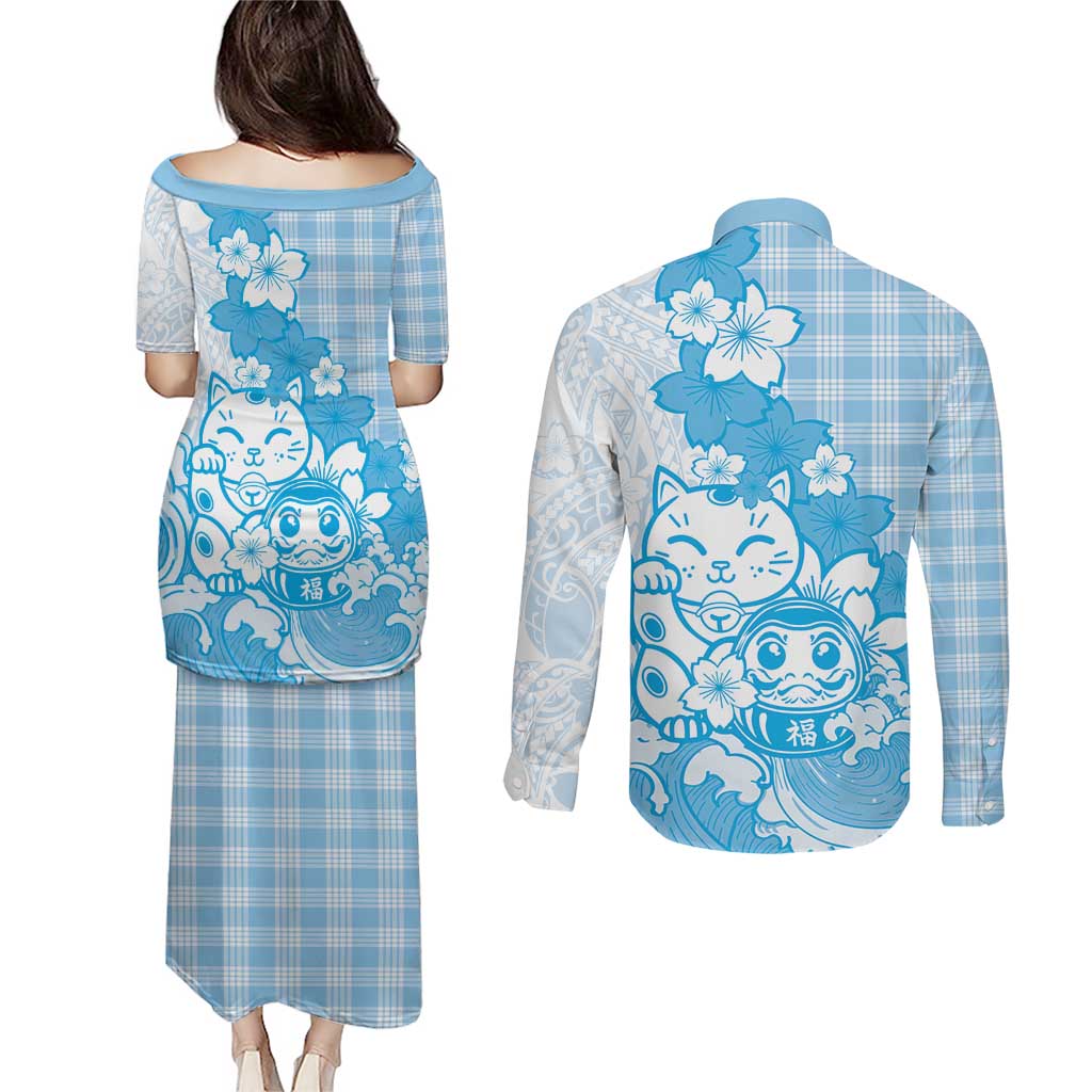 Blue Palaka Hawaiian And Japanese Couples Matching Puletasi and Long Sleeve Button Shirt Maneki Neko And Sakura Bloom