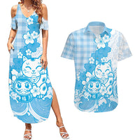 Blue Palaka Hawaiian And Japanese Couples Matching Summer Maxi Dress and Hawaiian Shirt Maneki Neko And Sakura Bloom