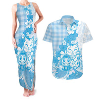 Blue Palaka Hawaiian And Japanese Couples Matching Tank Maxi Dress and Hawaiian Shirt Maneki Neko And Sakura Bloom