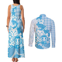 Blue Palaka Hawaiian And Japanese Couples Matching Tank Maxi Dress and Long Sleeve Button Shirt Maneki Neko And Sakura Bloom