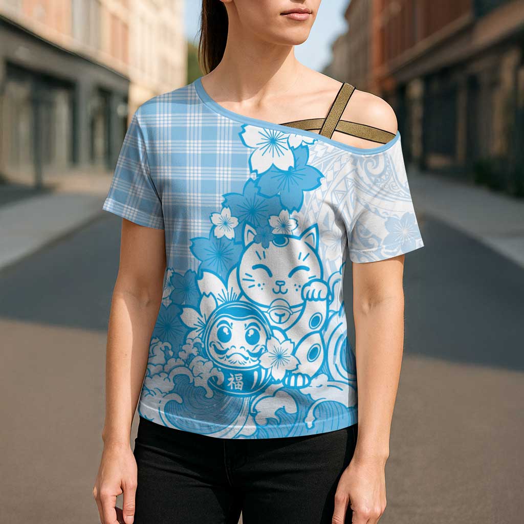 Blue Palaka Hawaiian And Japanese Cross Shoulder Shirt Maneki Neko And Sakura Bloom