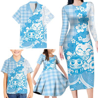 Blue Palaka Hawaiian And Japanese Family Matching Long Sleeve Bodycon Dress and Hawaiian Shirt Maneki Neko And Sakura Bloom DT05 - Polynesian Pride