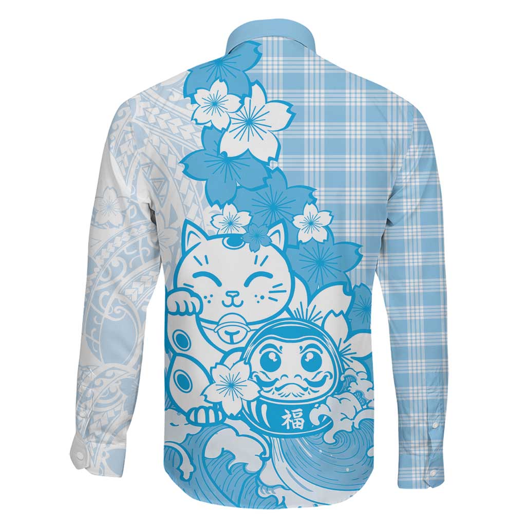 Blue Palaka Hawaiian And Japanese Family Matching Long Sleeve Bodycon Dress and Hawaiian Shirt Maneki Neko And Sakura Bloom DT05 - Polynesian Pride